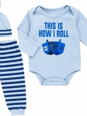 Light Blue "This Is How I Roll" Dreidel Baby One-Piece Set